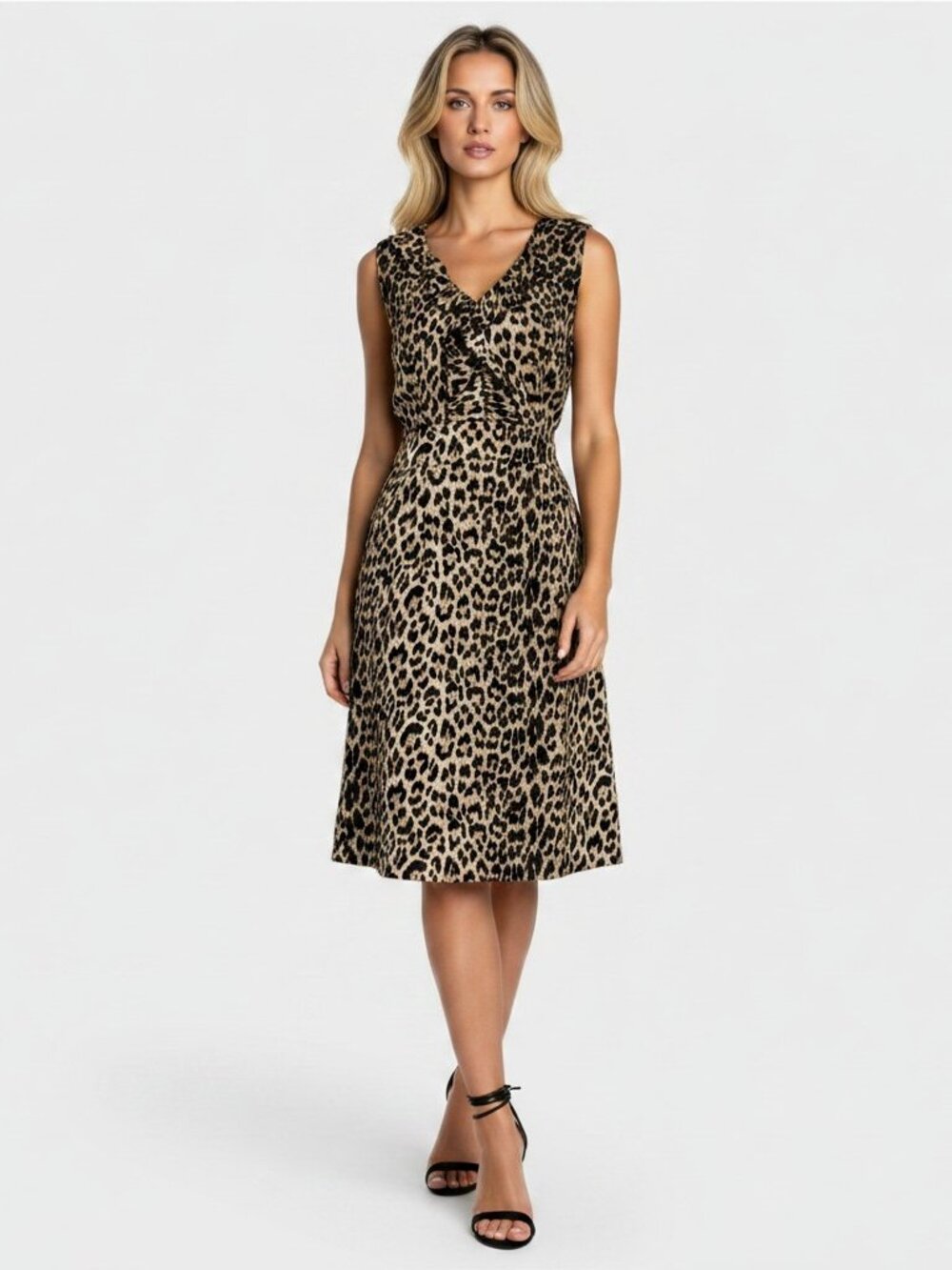 Alex Marie Leopard Print Midi Dress Women’s Size 8 Fit & Flare Ruffle Neck